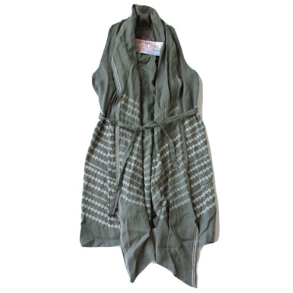NWT JWLA Johnny Was LA Petra in Army Green Embroidered Belted Drape Linen Vest S
